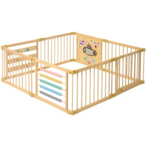 ZETY Wooden Playpen Extra Large for Toddlers and Babies - Under The Sea Theme Toy Design - (8/10) Wood Panels - Foldable and Adjustable Baby Pen - Extra Large Baby Pen (8-Panels)