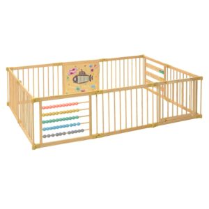 Wooden Playpen Extra Large for Toddlers and Babies - Under The Sea Theme Toy Design - (8/10) Wood Panels - Foldable and Adjustable Baby Play Yard- Extra Large Baby Playpen (10-Panels)