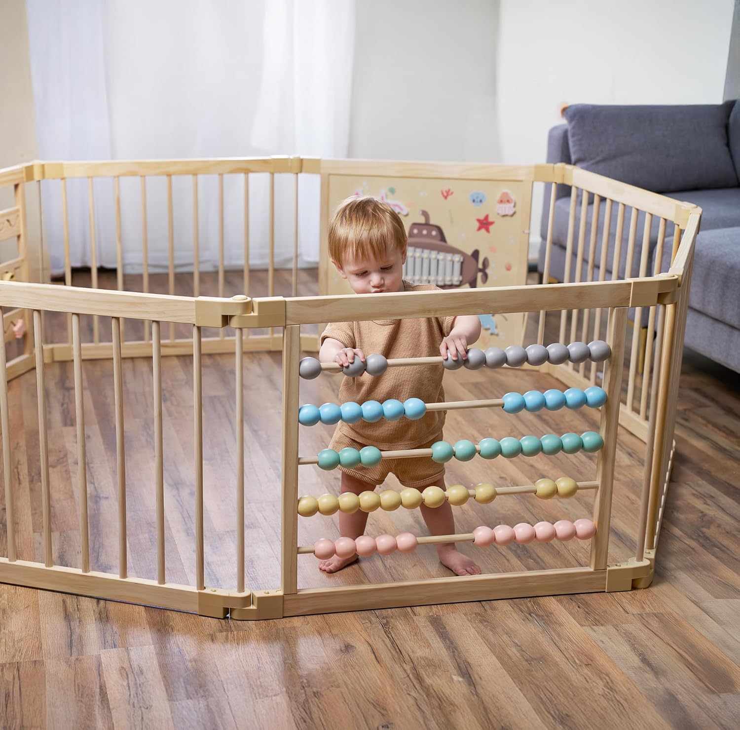 ZETY Wooden Playpen Extra Large for Toddlers and Babies - Under The Sea Theme Toy Design - (8/10) Wood Panels - Foldable and Adjustable Baby Pen - Extra Large Baby Pen (8-Panels) - Image 2