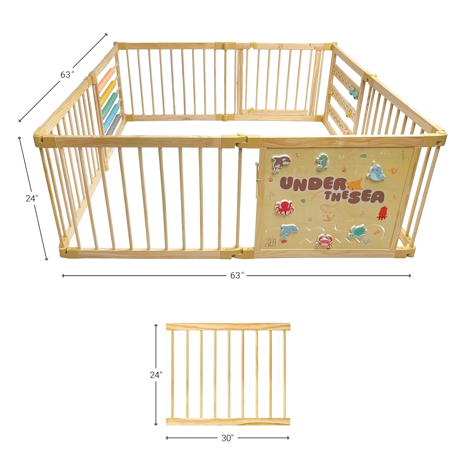 ZETY Wooden Playpen Extra Large for Toddlers and Babies - Under The Sea Theme Toy Design - (8/10) Wood Panels - Foldable and Adjustable Baby Pen - Extra Large Baby Pen (8-Panels) - Image 3