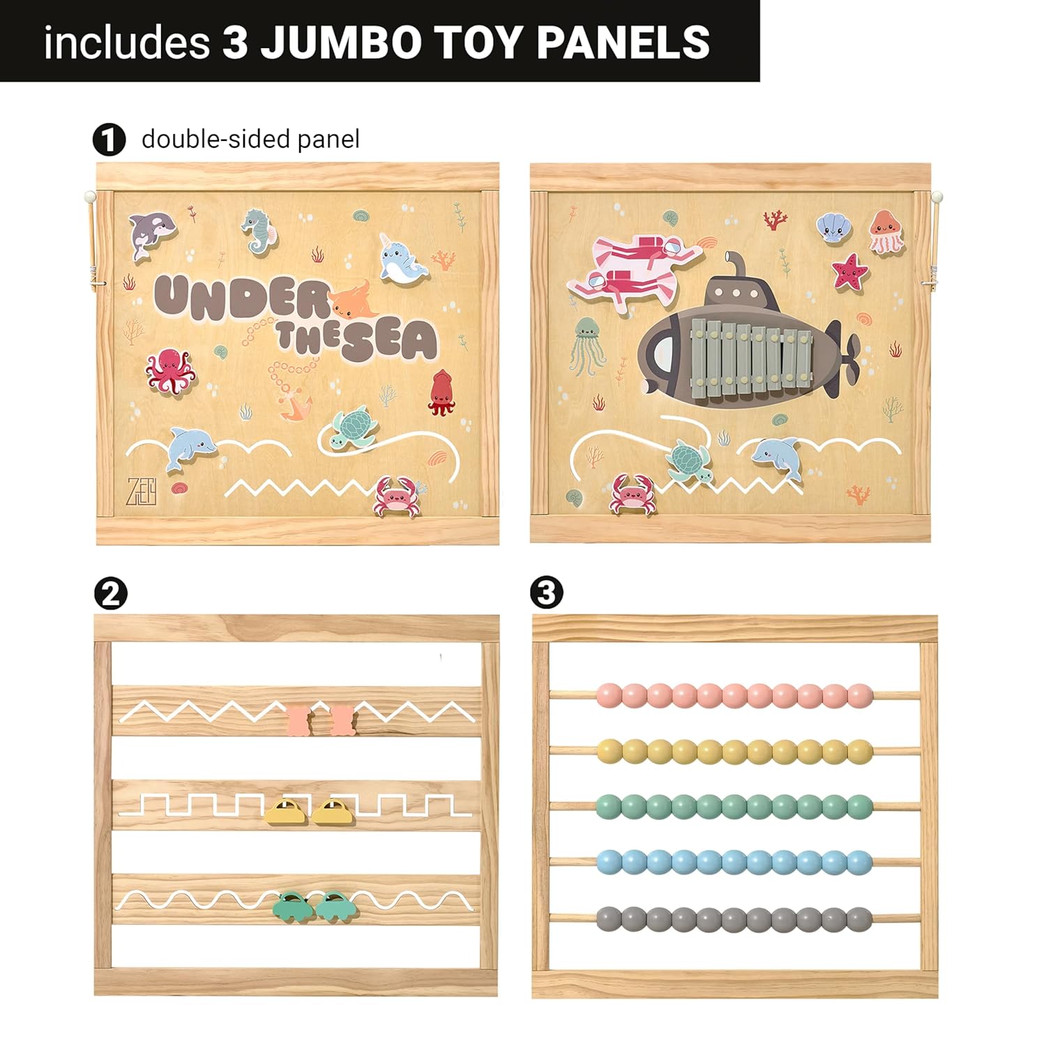 ZETY Wooden Playpen Extra Large for Toddlers and Babies - Under The Sea Theme Toy Design - (8/10) Wood Panels - Foldable and Adjustable Baby Pen - Extra Large Baby Pen (8-Panels) - Image 4