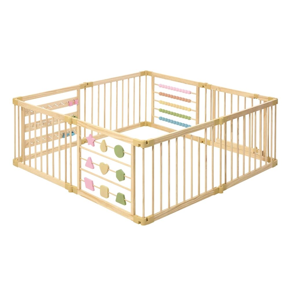 ZETY Natural Wood Baby Playpen – 8 or 10 Panel Foldable Play Yard with Door Panel and Built-in Toys, CPC Certified & SGS Tested