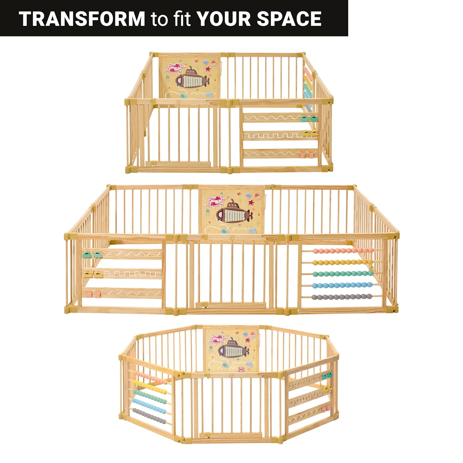 Wooden Playpen Extra Large for Toddlers and Babies - Under The Sea Theme Toy Design - (8/10) Wood Panels - Foldable and Adjustable Baby Play Yard- Extra Large Baby Playpen (10-Panels) - Image 8