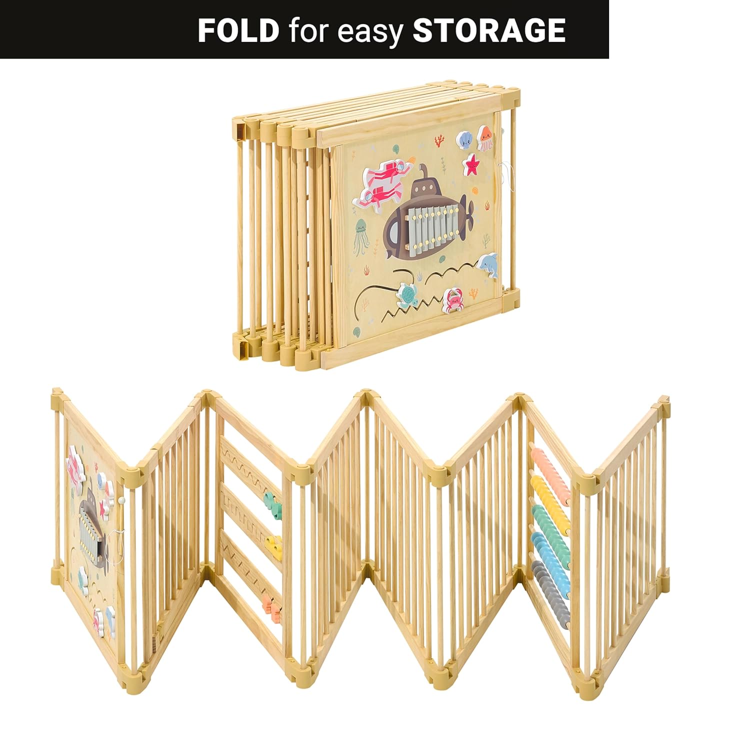 Wooden Playpen Extra Large for Toddlers and Babies - Under The Sea Theme Toy Design - (8/10) Wood Panels - Foldable and Adjustable Baby Play Yard- Extra Large Baby Playpen (10-Panels) - Image 9